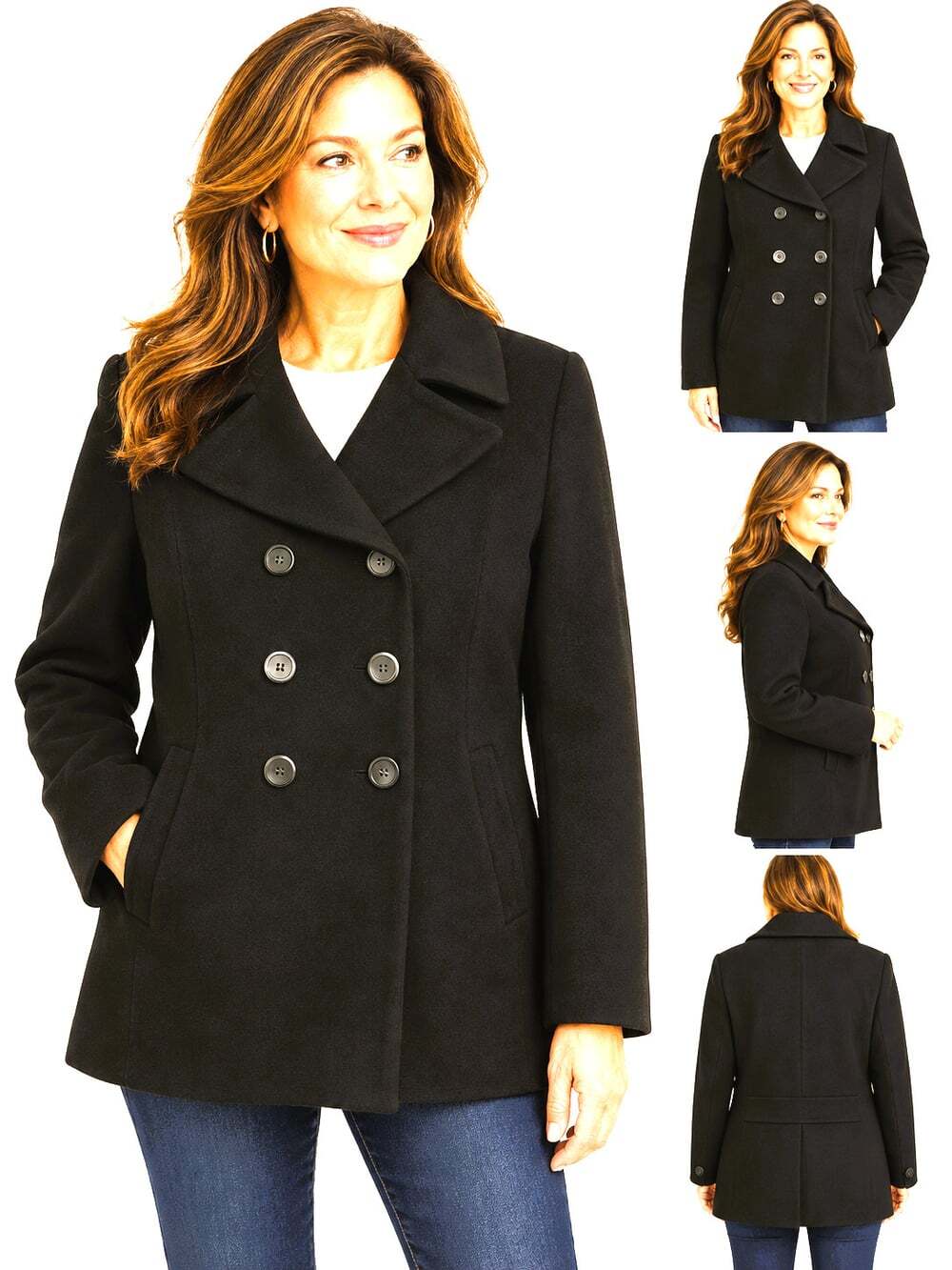 Pea Coat, Black Dble Breasted 100% Wool, Pockets Back Belt Panel Preston York,14